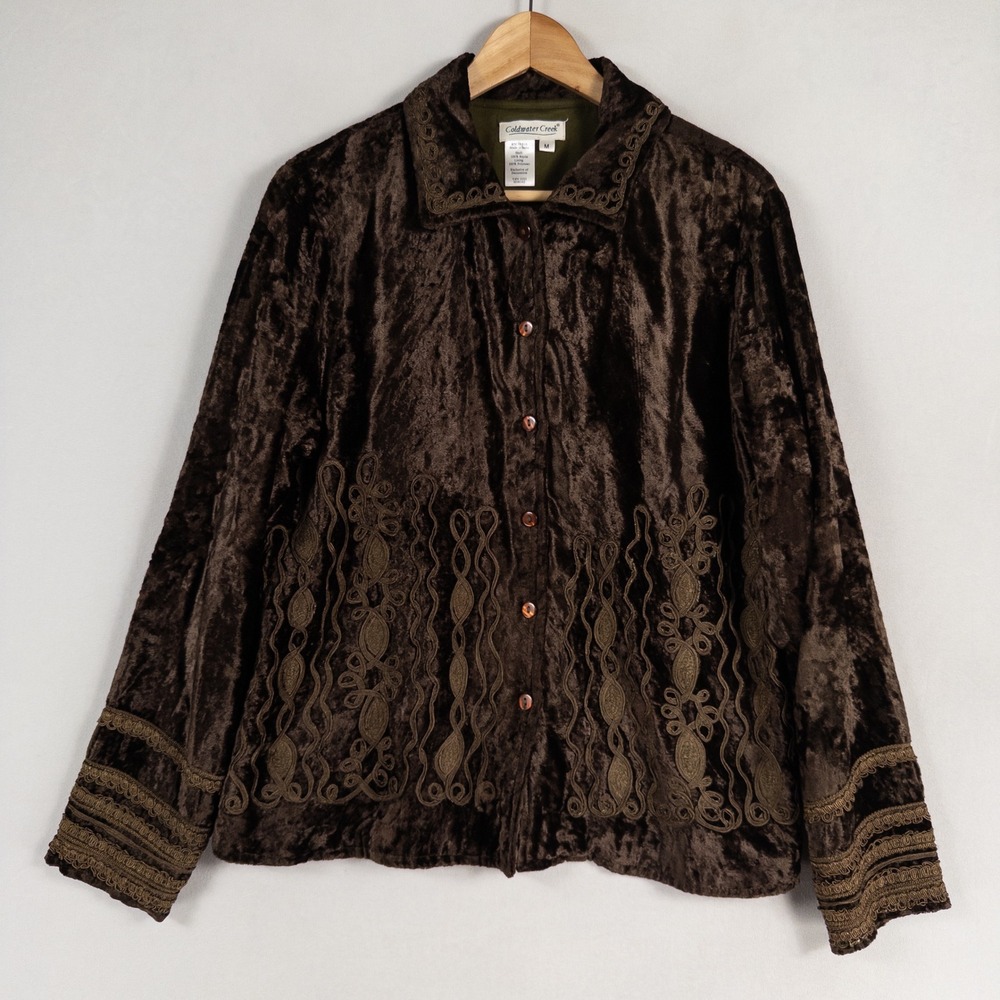 Coldwater Creek Jacket Shacket Sz Medium Brown Crushed Velvet Brocade Trim Boho